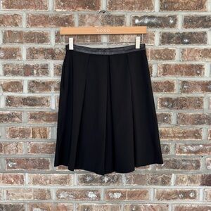 Elizabeth and James Wool Black Pleated A-Line Skirt Leather Waistband Size 2